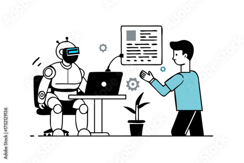 Robot and man interacting with a computer and document
