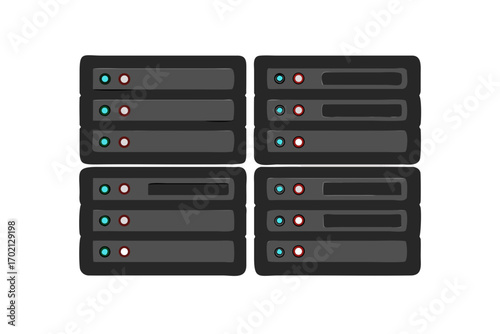 Four stacks of dark gray servers with indicator lights