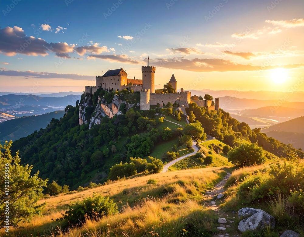 Obraz premium Ancient castle perched atop a verdant hill during a picturesque sunset
