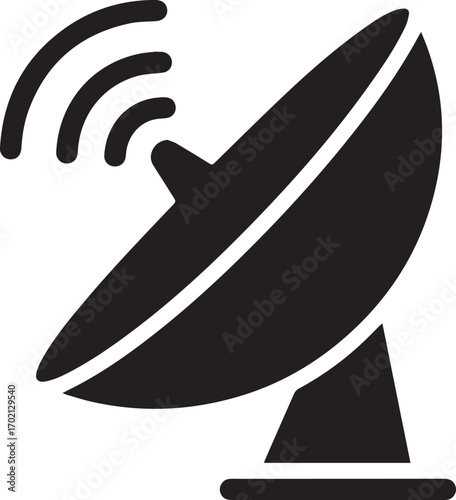 A simple black icon depicts a satellite dish with curved lines emanating from it, symbolizing transmission or reception of signals.