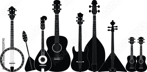 Collection of string instruments silhouettes, banjo, guitar, mandolin, and balalaika, musical instrument vector set for folk, jazz, and rock design.