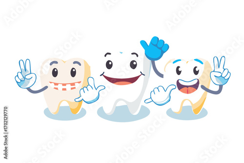 Three cartoon teeth characters with happy expressions