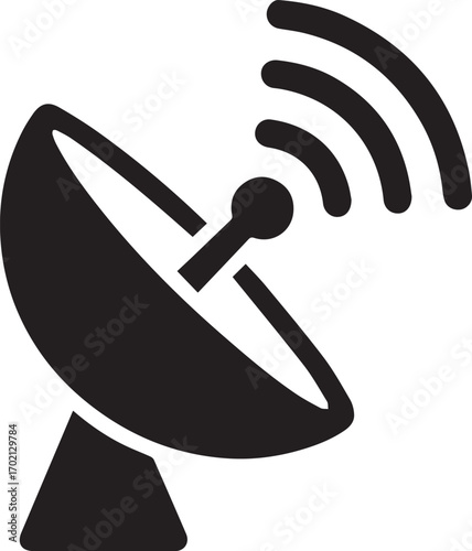 A simple, bold black silhouette of a satellite dish with three curved lines emanating from it, indicating transmission.