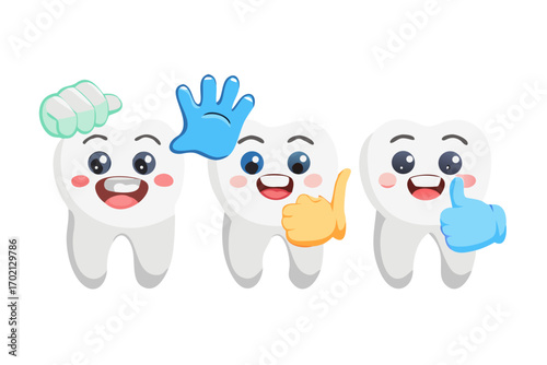 Three cute cartoon teeth with happy expressions