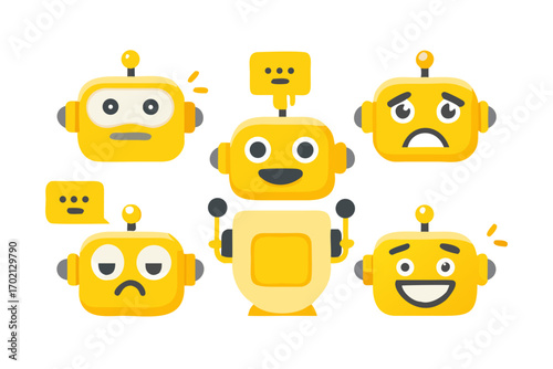 Collection of cute yellow robot characters with various emotions