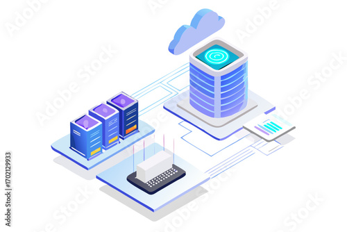 Modern isometric view of cloud servers and network devices
