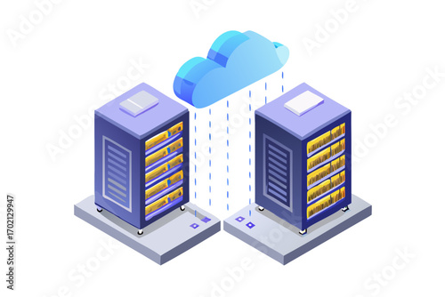 Cloud computing concept with servers and data transfer to cloud