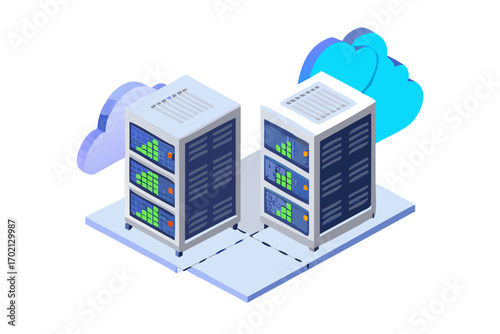 Modern data center with servers and cloud connection