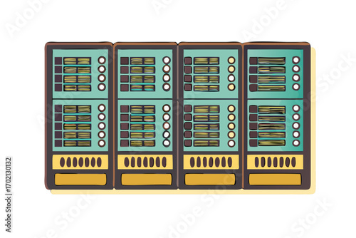 Server rack with multiple modules and indicator lights