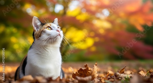 Calico Cat Sitting in Autumn Leaves.