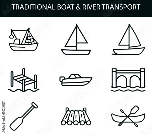 Traditional Boat & River Transport Icon Set – Black Line Art of Canoes, Rafts, Sailboats, Docks, Bridges & Paddles for Cultural, Educational & Tourism Projects