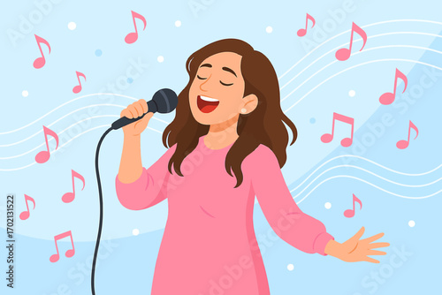 Young woman singing with microphone on stage in cartoon style with music notes and wavy background