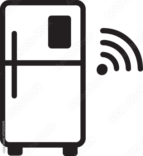 A simple line art icon depicting a refrigerator with a wireless signal emanating from its side, symbolizing smart technology.