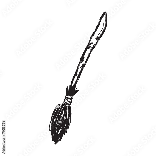 Witch broom magical equipment in black brush stroke texture isolated on white. Hand drawn vector sketch illustration in vintage charcoal ink. Happy Halloween, mystery accessory, witch craft