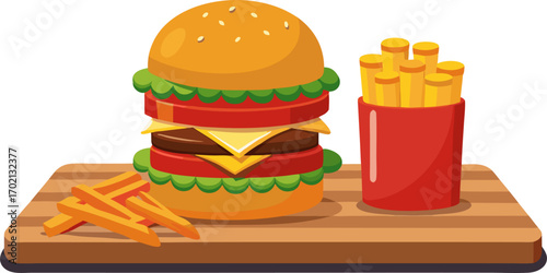 Illustration of a mouth-watering double cheeseburger served with crispy fries on a wooden cutting board. A delicious double cheeseburger! Juicy meat, melted cheese, served with crispy fries.