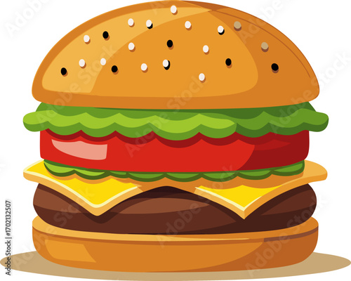 Illustration of a delicious hamburger with a sesame-topped bun, two layers of meat, cheese, tomato, and fresh lettuce. Find brilliant ideas while eating this.
