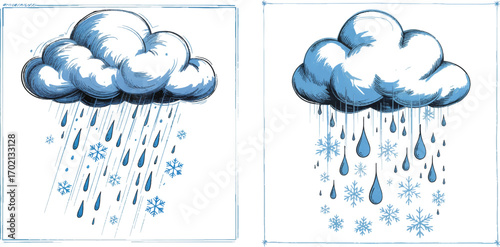 Blue clouds raining snowflakes and raindrops vector
