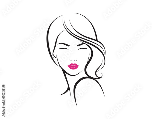 Design of a woman's face. Vector art. Silhouette of a girl for themes like cosmetics, beauty, health, spa, and fashion. A creative female icon featuring pink lips.