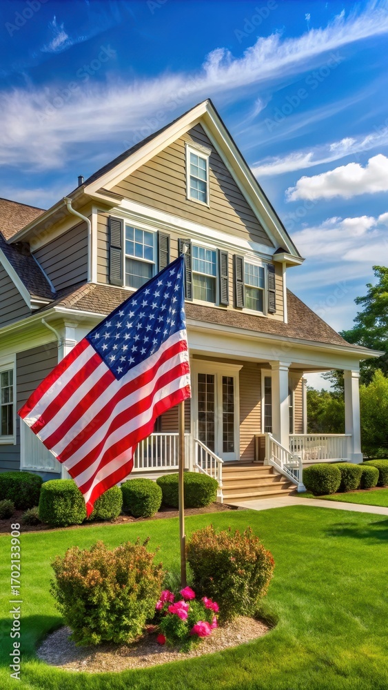 Fototapeta premium House with American flag in front yard