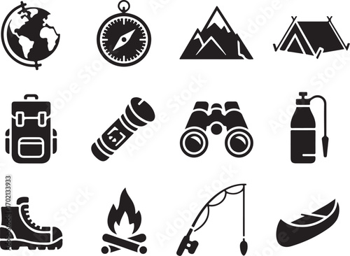 Adventure gear icons for travel and outdoor exploration