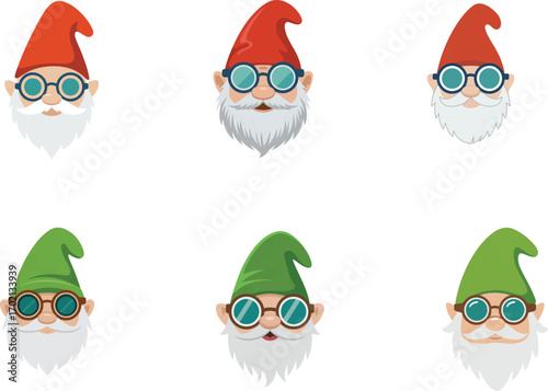 Gnome faces with hats and round glasses fantasy character