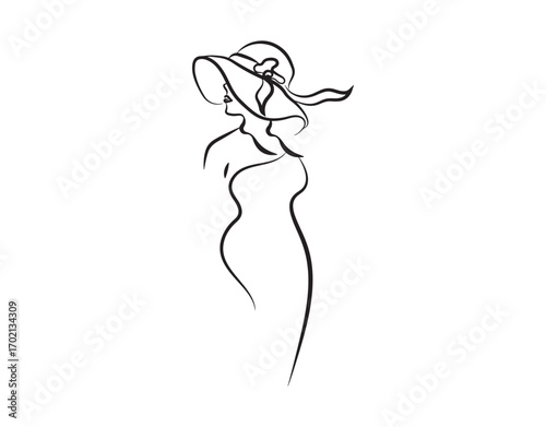 Black vector outline of a woman silhouette. Woman wearing a hat in black lines. A girl in a hat, a summer illustration for designing beach hats, swimwear, and tanning creams.