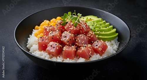 Gourmet bowl of food with avocado and tuna