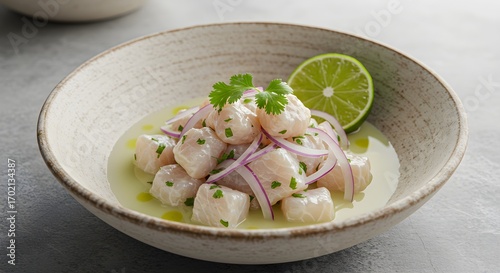 Gourmet dish with lime and onion in a bowl