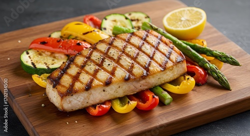 Grilled fish and vegetables on wooden board
