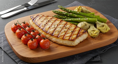 Grilled fish fillet with vegetables on cutting board
