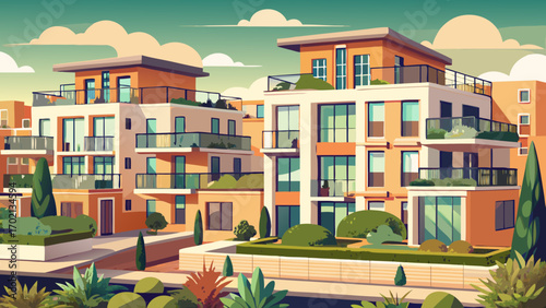 A modern European apartment complex, featuring warm beige facades, rooftop gardens, and glass railings, creating a chic and eco-friendly environment for contemporary city living and sophisticated resi