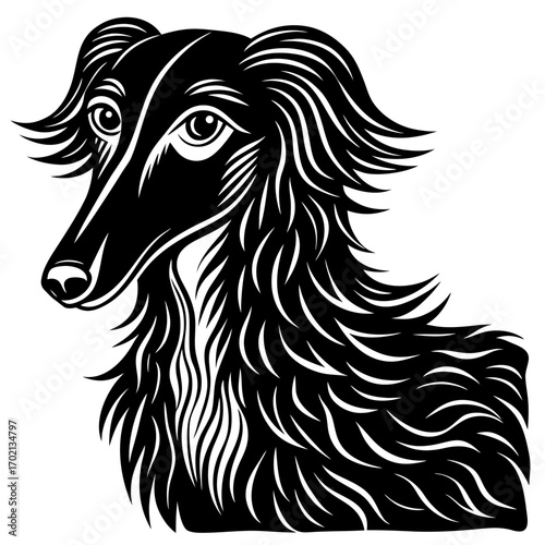 Elegant black borzoi dog silhouette on white background