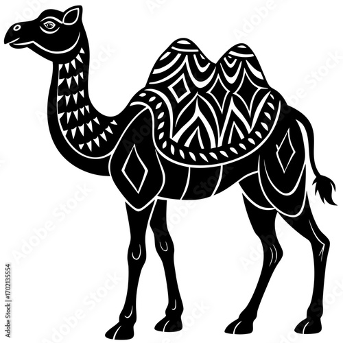Black and white camel illustration on a clean background