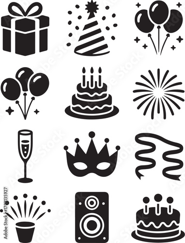 Celebration icons: party, cake, gifts, balloons, mask, music