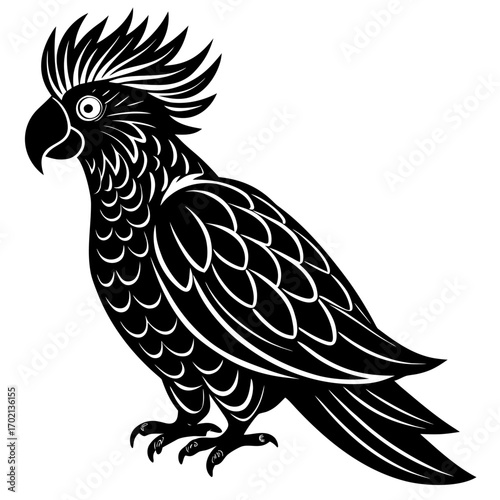 Stylized black cockatoo bird design on white background