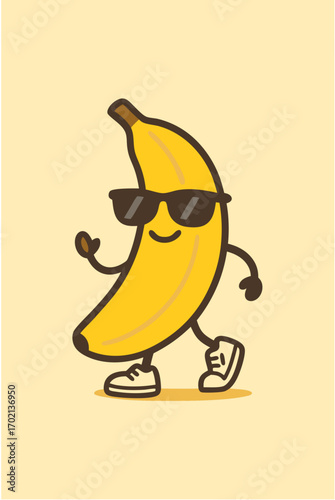 Cool and Playful Banana Character Striding Confidently with Stylish Sunglasses and Sneakers in a Fun Cartoon Illustration
