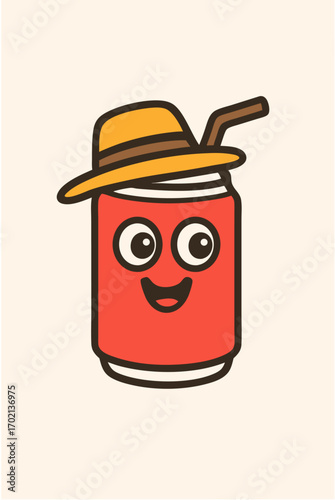 Cheerful cartoon soda can character with a happy face wearing a stylish fedora hat