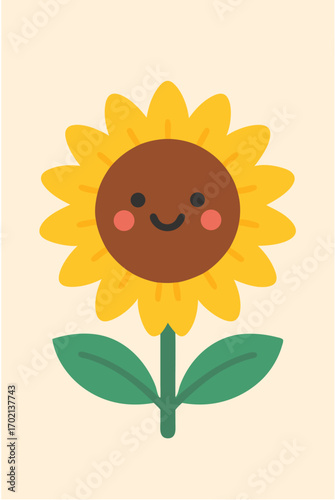 Smiling sunflower illustration with a happy face and cheerful petals on a beige background