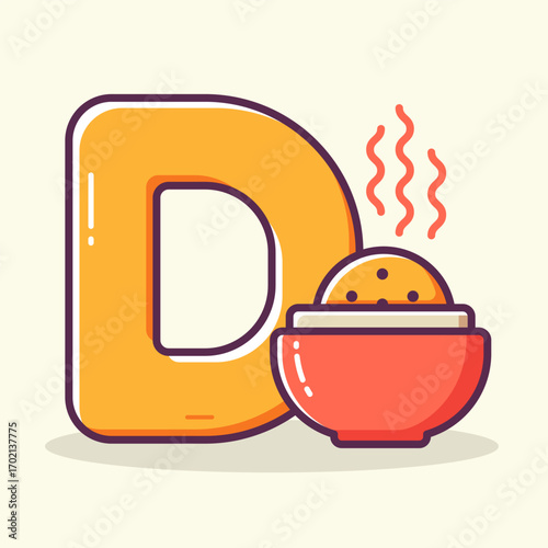 D for Dinner. A flat design vector illustration of a dinner bowl, D for delicious food
