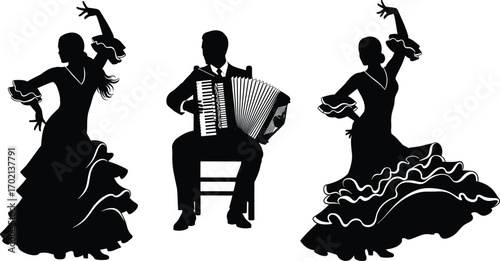 Flamenco dancers and accordion player silhouette, traditional Spanish performance, cultural music and dance scene, black and white vector illustration.
