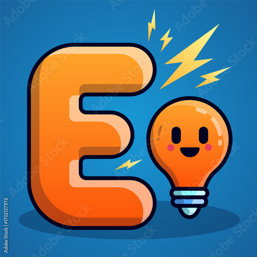 E is for Energy. A cute cartoon vector of a lightbulb and the letter E, with lightning.