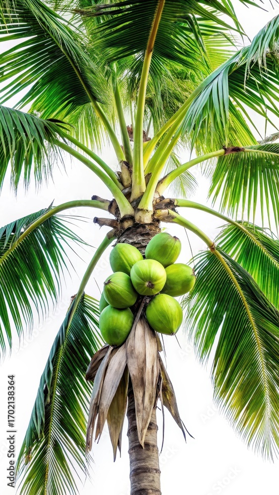 Fototapeta premium Mature coconut palm tree with green coconuts hanging from branches