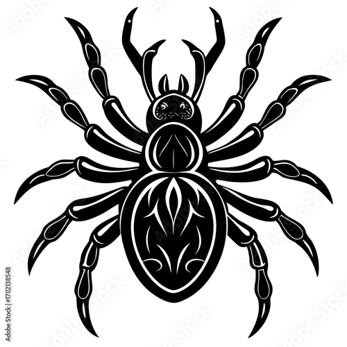 Black spider mite design with white background and yellow accents