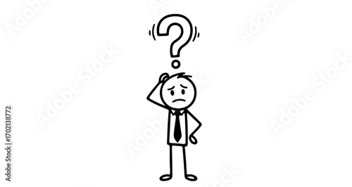 Hand-drawn stick figure of a confused businessman scratching his head under a question mark, symbolizing doubt and problem-solving