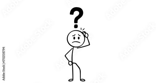 A confused stick figure scratching its head under a question mark symbol, a simple vector graphic illustration showing doubt, isolated on a transparent background