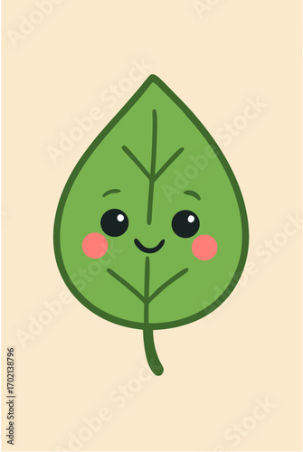 Cute Cartoon Green Leaf Character with Happy Face and Blushing Cheeks