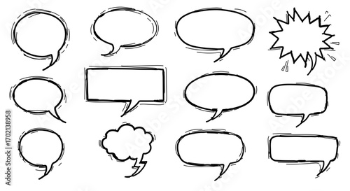 A collection of hand-drawn sketch style speech bubbles and thought balloons. Doodle comic chat and communication vector elements set