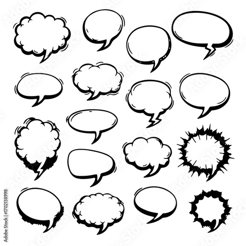 Vector collection of hand-drawn comic speech bubbles, dialogue clouds, and pop art explosions, isolated on a transparent background for design