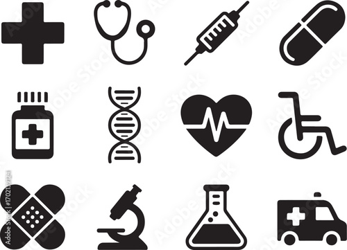Essential medical icons for health and science concepts