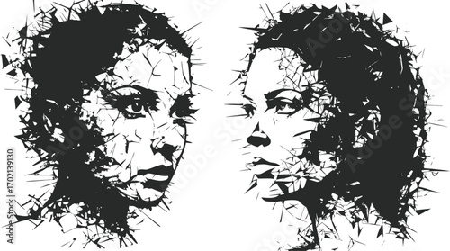 Woman's Abstract art face into grunge fragments into a storm of blue and grey, leaving behind a haunting yet beautiful impression of her face